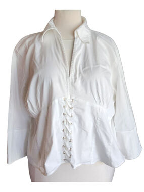 Andrew & Co Plus Size 2X White Lace Up Corset Stretch Blouse 3/4 Sleeve